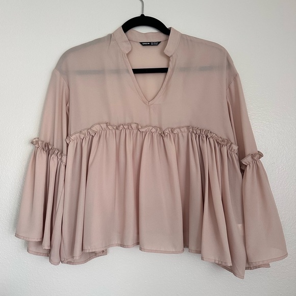 SHEIN Tops - SHEIN Beige Flutter Sleeve Blouse with Mandarin Collar